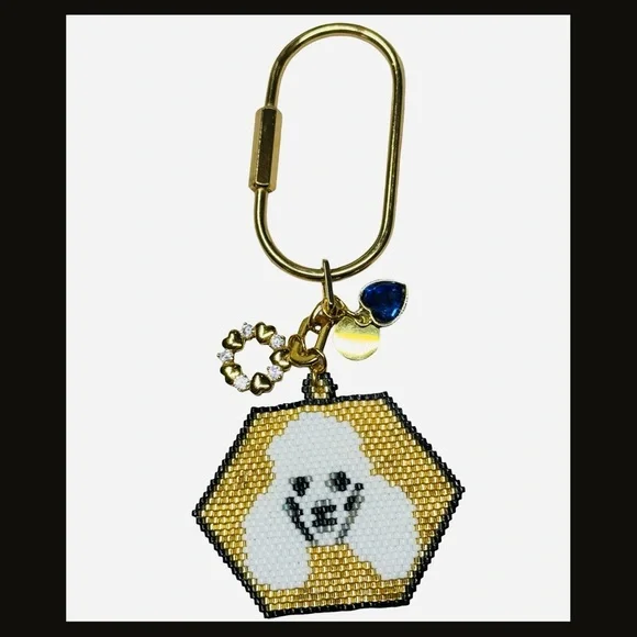 Hand Crafted Beaded White Poodle Face Gold Color Keychain with Charms - Picture 6 of 9